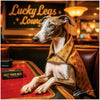 Greyhound in a gold star-patterned coat seated at a poker table with a Fast Paws Deck box in the Lucky Legs Lounge casino booth.
