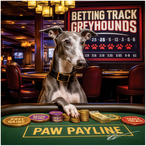 Greyhound at a casino table with gold chips, custom tokens like Grey Gains and Speed Spins, and a scoreboard labeled Betting Track Greyhounds behind her.