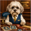 Havanese dog dressed in a vest and tie sitting at a poker table with BarkJack Royale cards, chips, treat sticks, and a glass of Pawtron Reserve under a sign reading Havanese High Rollers.