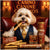 Havanese dog in a vest and tie holding a chew cigar, surrounded by rawhide rolls, a drink labeled Pawro Malecon, and a Chewbaños lounge setup with a Casino Canine Cubanos sign in the background.