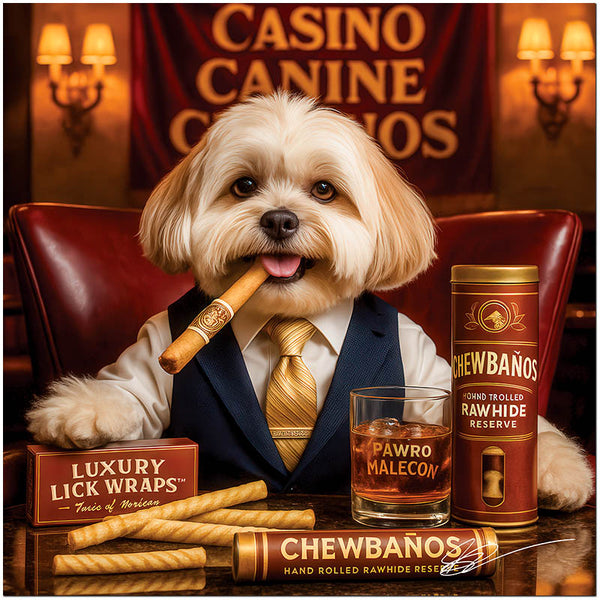 Havanese dog in a vest and tie holding a chew cigar, surrounded by rawhide rolls, a drink labeled Pawro Malecon, and a Chewbaños lounge setup with a Casino Canine Cubanos sign in the background.