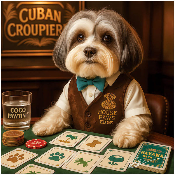 Havanese dog in a bowtie and vest behind a poker table with themed cards, Coco Pawtini, and a Havana Deck Co. sign reading Cuban Croupiers in the background.
