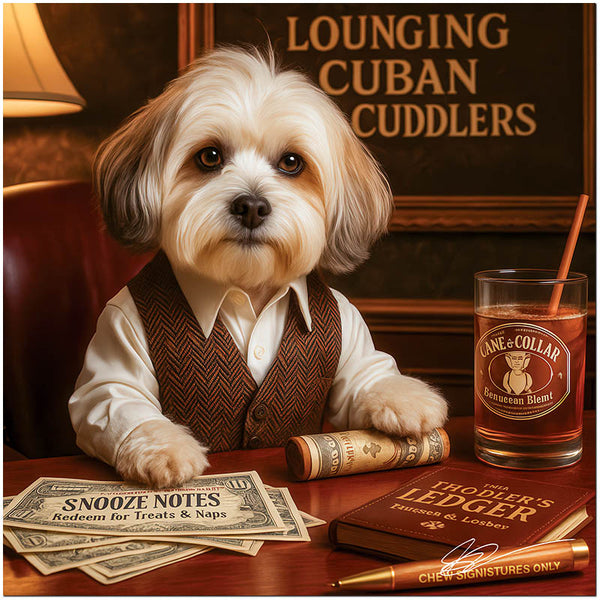 Havanese in a brown vest sitting at a table with snooze notes, nap scrolls, a Cane & Collar drink, and The Drooler’s Ledger in a plush lounge labeled Lounging Cuban Cuddlers.