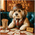 Havanese dog wearing a hat and vest seated at a table with bone-themed cards, a glass of rawhide cigars, and a sign labeled Vegas Havanese Hustle.