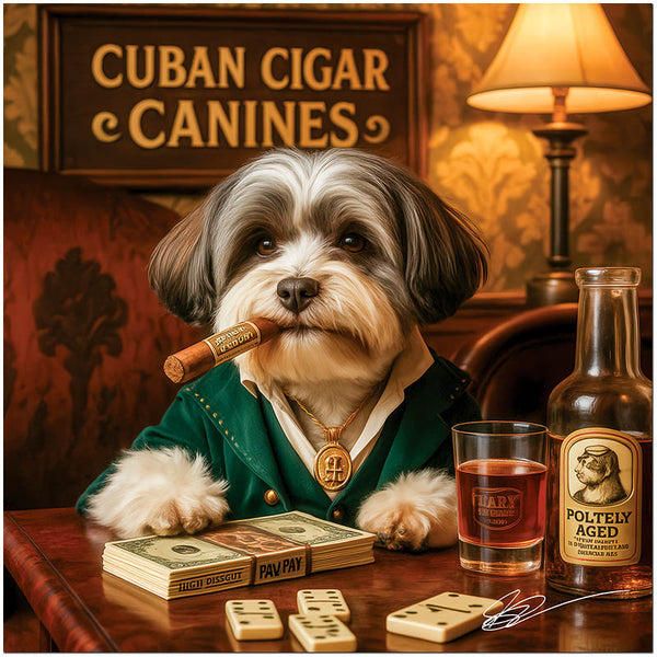 Havanese dog in a green velvet suit seated at a table with dominoes, Pav Pay bills, Poltely Aged drink, and a chew cigar under a sign reading Cuban Cigar Canines.