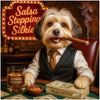 Havanese dog in a pinstripe vest holding a cigar with stacks of Salsa Notes, a drink labeled Rumba Reserve, and a sign in the background that reads Salsa Stepping Silkies.