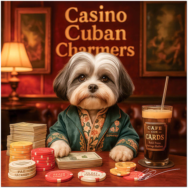 Havanese dog in an embroidered green robe seated at a poker table with stacked chips, cash, and a drink labeled Café Con Cards, under a sign reading Casino Cuban Charmers.