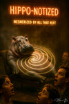 Humorous metal wall art depicting a hippopotamus hypnotizing an amazed audience under neon lights