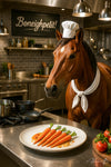 Humorous artwork of a horse chef proudly presenting gourmet carrots in a stylish kitchen titled Boneighpetit