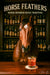 Humorous artwork of a horse bartender serving a bourbon cocktail titled Horse Feathers, in an elegant bar setting.