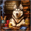 Husky dog seated at a lounge table with poker chips, a drink labeled Sled Smooth, Arctic Wraps in a glass, and two smartphones, under a sign reading Luxurious Sled Dog Lounge.