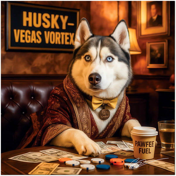 Husky dog in a paisley robe and gold bowtie seated at a poker table with chips, cash, and a coffee cup labeled Pawfee Fuel under a sign that reads Husky Vegas Vortex.