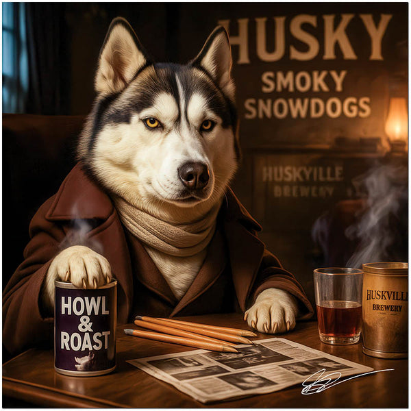 Husky dog in a brown scarf and coat seated at a wooden table with a can of Howl & Roast, newspaper, sharpened pencils, and mugs from Huskville Brewery under a sign that reads Husky Smoky Snowdogs.