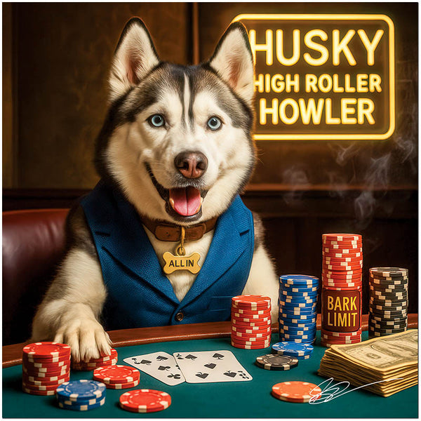 Husky dog in a blue vest and gold tag labeled ALL IN, seated at a poker table with colorful chips, cash, and a neon sign that reads Husky High Roller Howler.