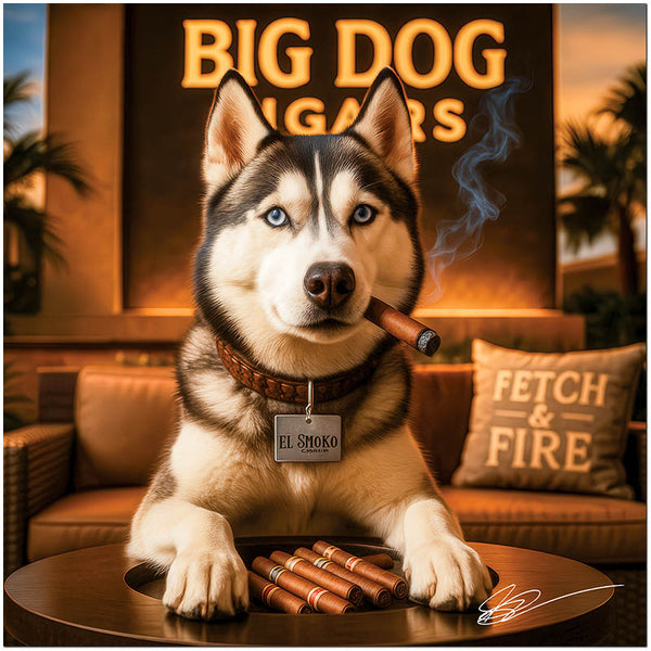 Husky dog with a lit cigar in its mouth, seated at a round table filled with cigars, under a glowing Big Dog Cigars sign and next to a pillow labeled Fetch & Fire.