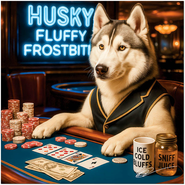 Husky dog in a casino setting wearing a black vest at a poker table with cash, chips, cards, and mugs labeled Ice Cold Bluffs and Sniff Juice under a neon sign that says Husky Fluffy Frostbite.