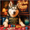 Husky dog seated at a poker table wearing a Bone Giano’s Casino vest with stacks of chips, dog treats, a blue drink, and a neon sign that reads Rat Pack Racer in the background.