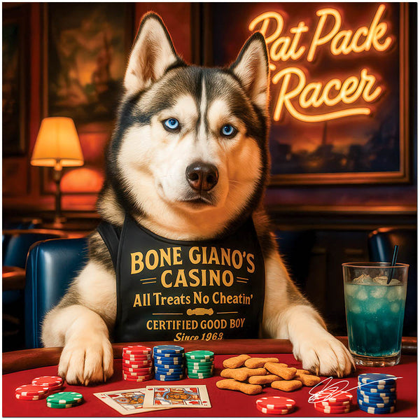 Husky dog seated at a poker table wearing a Bone Giano’s Casino vest with stacks of chips, dog treats, a blue drink, and a neon sign that reads Rat Pack Racer in the background.