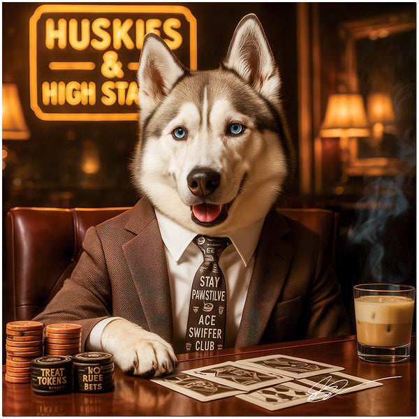Husky in a suit and tie with the phrase "Stay Pawsitive" sitting at a casino table with poker chips, drink, and cards under a neon sign reading Huskies & High Stakes.