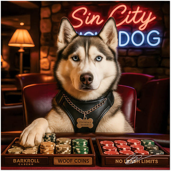 Husky in a leather harness seated at a casino table with trays of poker chips labeled Barkroll, Woof Coins, and No Leash Limits under a neon sign that reads Sin City Snowdog.