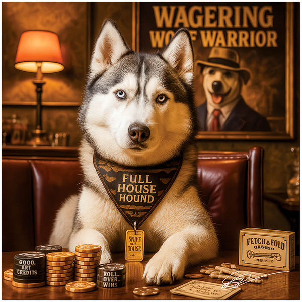 Husky with a bandana labeled Full House Hound and a tag that says Sniff the Raise, seated at a poker table with gold chips, treats, and a box labeled Fetch & Fold Casino.