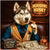 Husky dog in a gold vest with a cigar in paw, sitting at a table stacked with 100 Good Boys bills and a crate labeled Live Treat or Chew Trying, beneath a Houdini Husky sign.