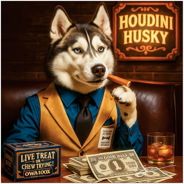 Husky dog in a gold vest with a cigar in paw, sitting at a table stacked with 100 Good Boys bills and a crate labeled Live Treat or Chew Trying, beneath a Houdini Husky sign.