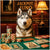 Husky dog seated at a poker table with stacked chips, custom cards labeled Barkjack and Royal Fetch, under a gold sign reading Jackpot Juno.