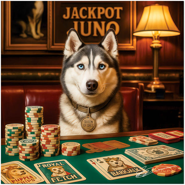 Husky dog seated at a poker table with stacked chips, custom cards labeled Barkjack and Royal Fetch, under a gold sign reading Jackpot Juno.
