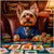 Yorkshire Terrier in blue blazer at poker table with custom dog-themed cards and chip stacks