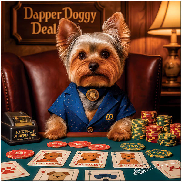 Yorkshire Terrier in blue blazer at poker table with custom dog-themed cards and chip stacks