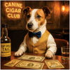 Jack Russel in a gold pinstripe vest and navy bow tie seated at a table with whiskey, paw-printed cash, and a bottle labeled Top Shelf Tail Whiskey, under a neon sign that reads Canine Cigar Club.