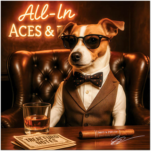 Jack Russel in sunglasses and a bow tie seated at a poker table with Treat Euro Notes, a cigar labeled Sniff & Puff Co., a whiskey glass, and a neon sign that reads All-In Aces & Tails.