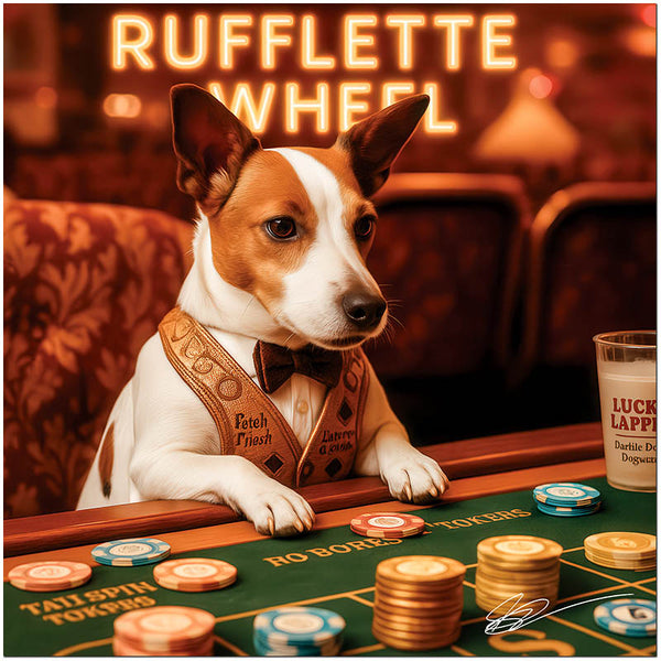 Jack Russel in a custom vest and bowtie seated at a roulette table with chips, a drink labeled Lucky Lapper, and a glowing sign that reads Rufflette Wheel.