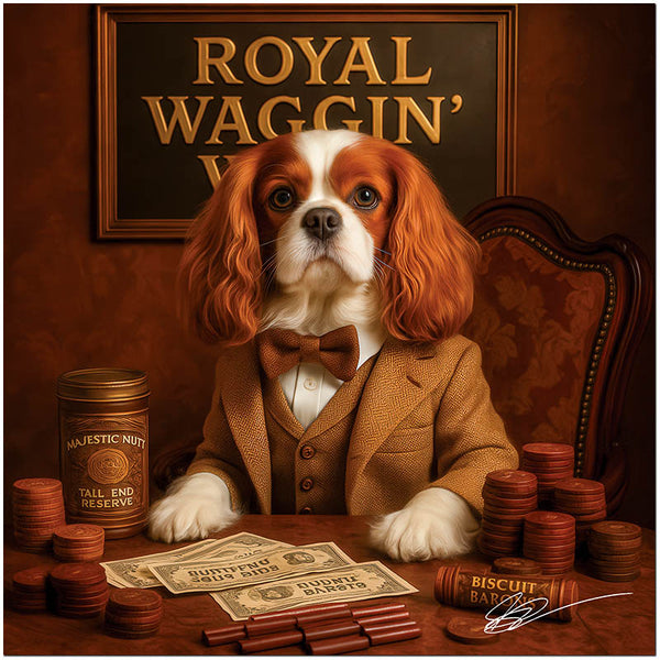 King Charles Cavalier in a tailored suit and bowtie seated at a gaming table with biscuit chips, tall-end reserve bottle, and paw-printed bills beneath a Royal Waggin’ Win sign.