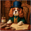 King Charles Cavalier wearing a green velvet coat and top hat seated at a table with gold tokens, Duke’s Treat Preserves, and paperwork beneath a sign reading Chip Chasin’ Cavaliers.