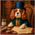 King Charles Cavalier wearing a green velvet coat and top hat seated at a table with gold tokens, Duke’s Treat Preserves, and paperwork beneath a sign reading Chip Chasin’ Cavaliers.