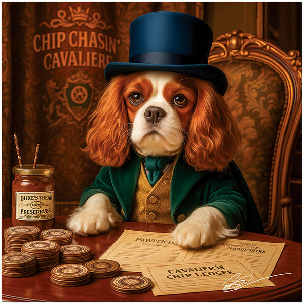 King Charles Cavalier wearing a green velvet coat and top hat seated at a table with gold tokens, Duke’s Treat Preserves, and paperwork beneath a sign reading Chip Chasin’ Cavaliers.