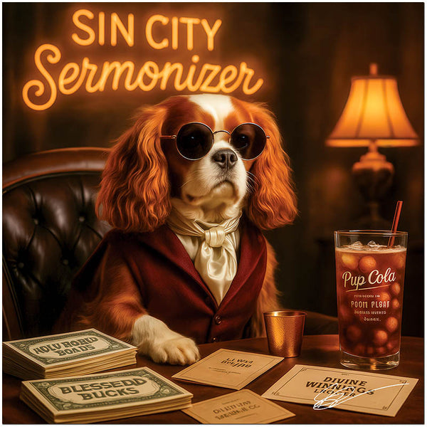 King Charles Cavalier in sunglasses and velvet robe seated at a table with Pup Cola, Blessed Bucks, and themed cards under a neon sign reading Sin City Sermonizer.
