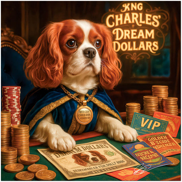 King Charles Cavalier in royal cape seated at a gaming table with gold coins, custom dog currency, and VIP cards beneath a sign that reads King Charles’ Dream Dollars.