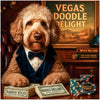 Labradoodle in a dark velvet tux and bow tie seated at a casino table with Doodle Dollars, Barkin’ Bucks, Pur-Tune Tokens, and a Vegas Doodle Delight sign in the background.