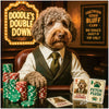 Labradoodle in vest and tie seated at a poker table with chip stacks, playing cards labeled Fetch Flush and King of Zoomies, beneath a glowing Doodle’s Double Down sign.
