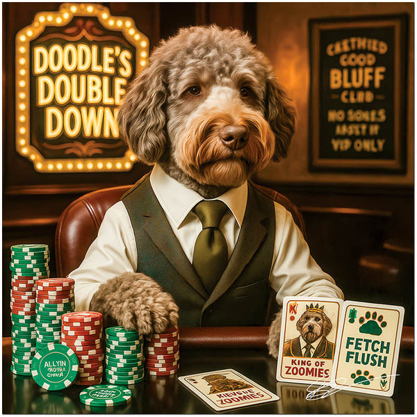 Labradoodle in vest and tie seated at a poker table with chip stacks, playing cards labeled Fetch Flush and King of Zoomies, beneath a glowing Doodle’s Double Down sign.