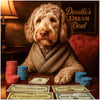 Labradoodle wearing a robe seated at a poker table with red and blue chips, Pawblic Reserve Notes, and Good Boy Tender under a sign that reads Doodle’s Dream Deal.