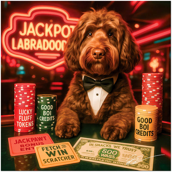 Labradoodle in a tuxedo sitting at a casino table with stacks of chips, Good Boi Credits, Fetch & Win Scratchers, and a neon sign reading Jackpot Labradoodles.