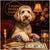 Labradoodle wearing a leather collar seated at a vintage-style poker table with poker chips, chew cigars, a candle, and tail-dollar currency under a sign reading Casino Doodle Dandies.