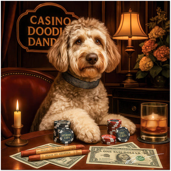 Labradoodle wearing a leather collar seated at a vintage-style poker table with poker chips, chew cigars, a candle, and tail-dollar currency under a sign reading Casino Doodle Dandies.