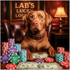 Labrador Retriever seated at a poker table with colorful chips, Doggo Dollars, and tokens labeled Treats Only and Pawll-In under a sign reading Lab’s Lucky Lounge.