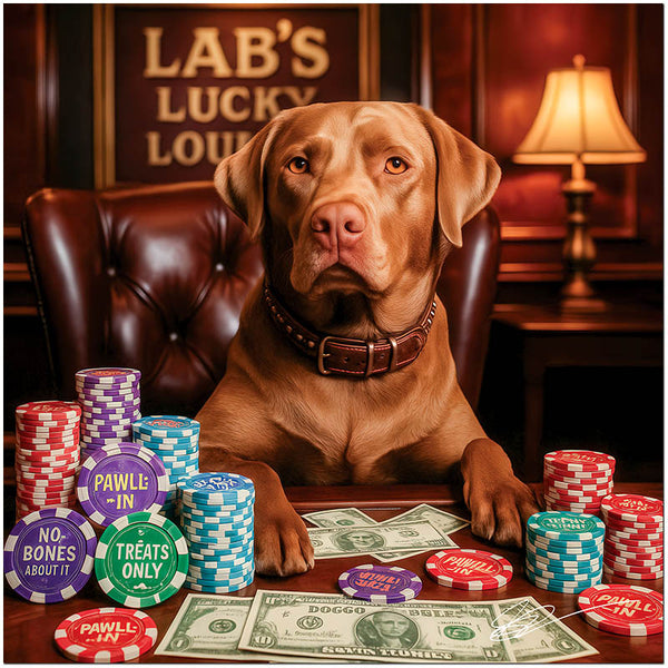 Labrador Retriever seated at a poker table with colorful chips, Doggo Dollars, and tokens labeled Treats Only and Pawll-In under a sign reading Lab’s Lucky Lounge.