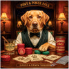 Labrador Retriever in green vest and bowtie seated at a poker table with custom paw-print cards, poker chips, Old Barkingtons whiskey, and Chompz Cigar Bones under a sign reading Paws & Poker Pals.